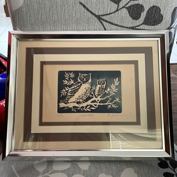 Night Owl print numbered and signed by artist. Blue and tan coloring. - Picture 1 of 5